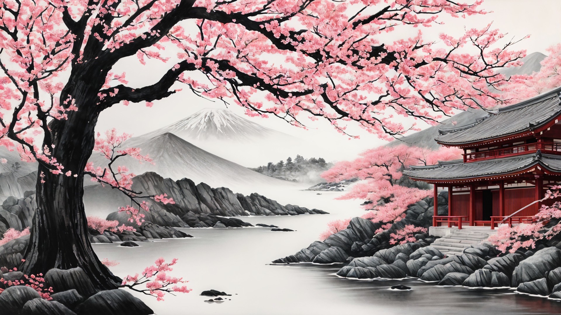 Black and White Asian Temple Landscape with Cherry Blossoms
