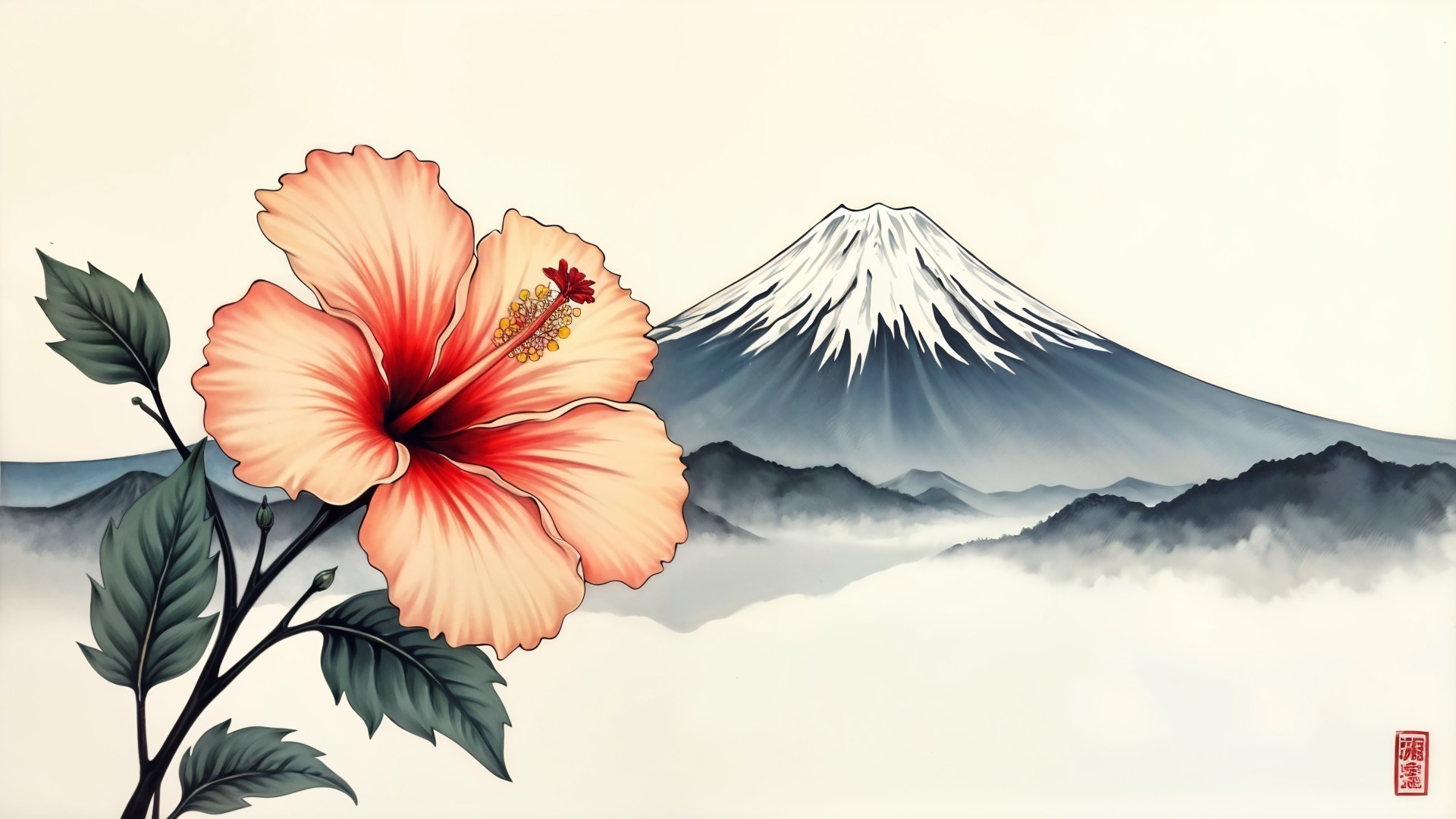 Vibrant Hibiscus Flower with Snow-Capped Mountain Background