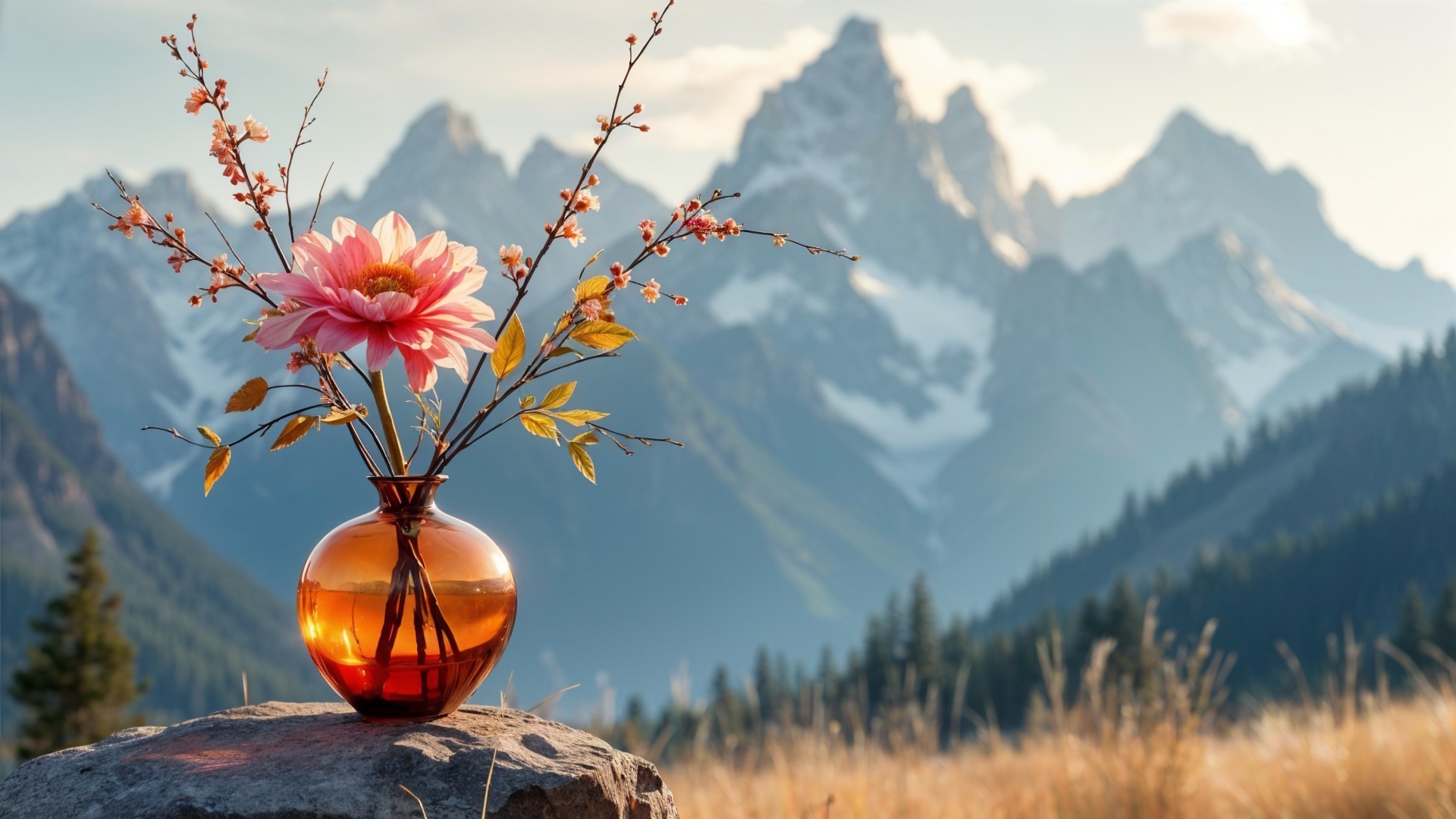 Vibrant Orange Vase with Pink Flower and Mountains