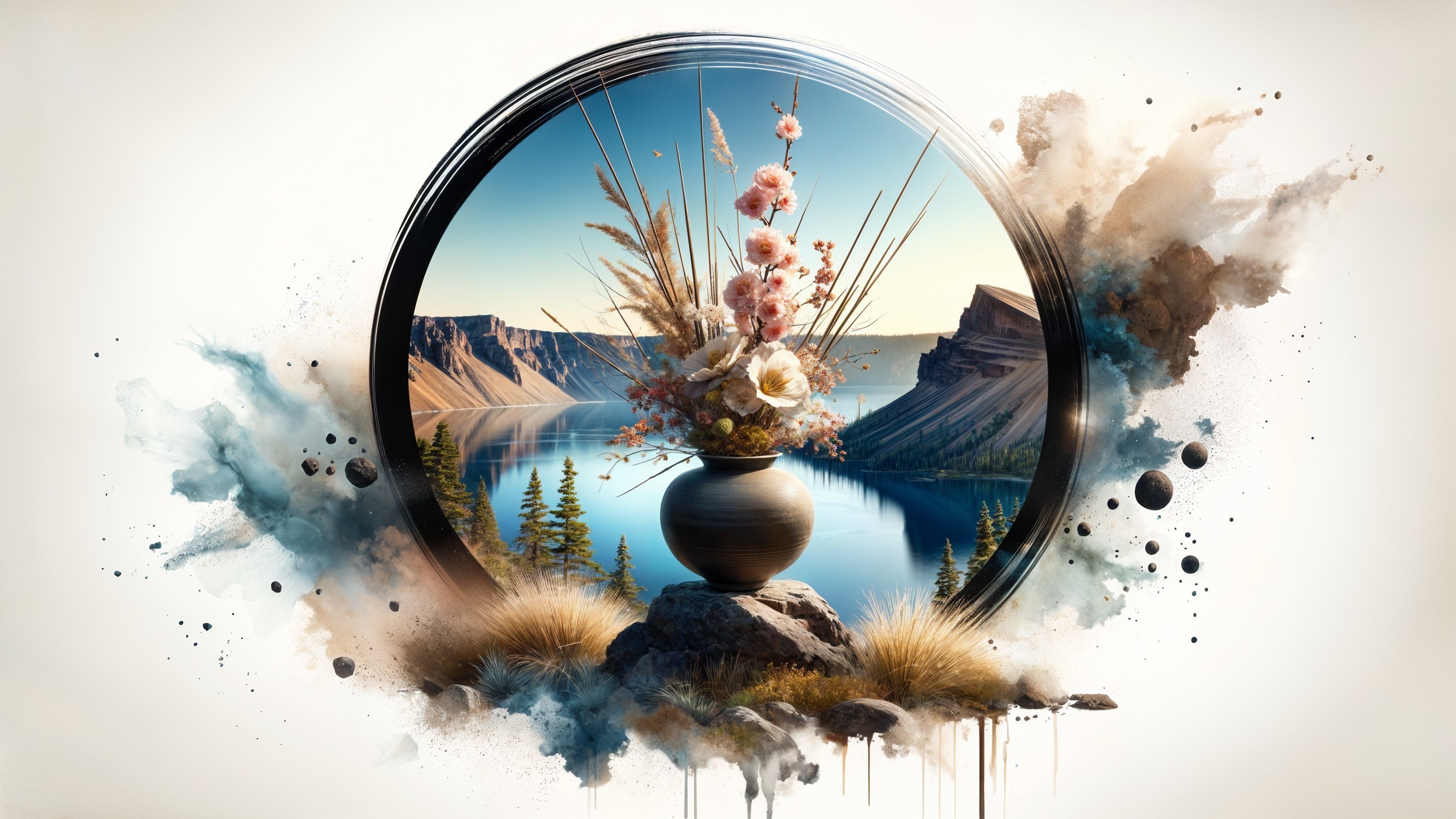 Tranquil Lake and Mountains with Floral Arrangement