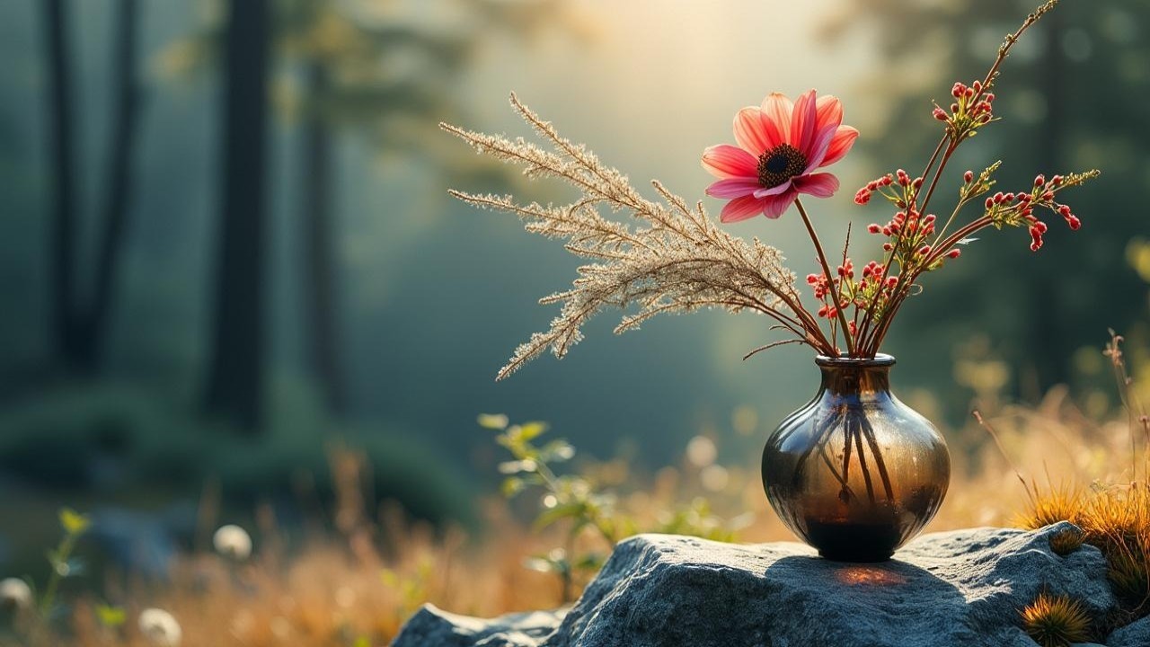 Delicate Vase with Pink Flower in Serene Forest Setting