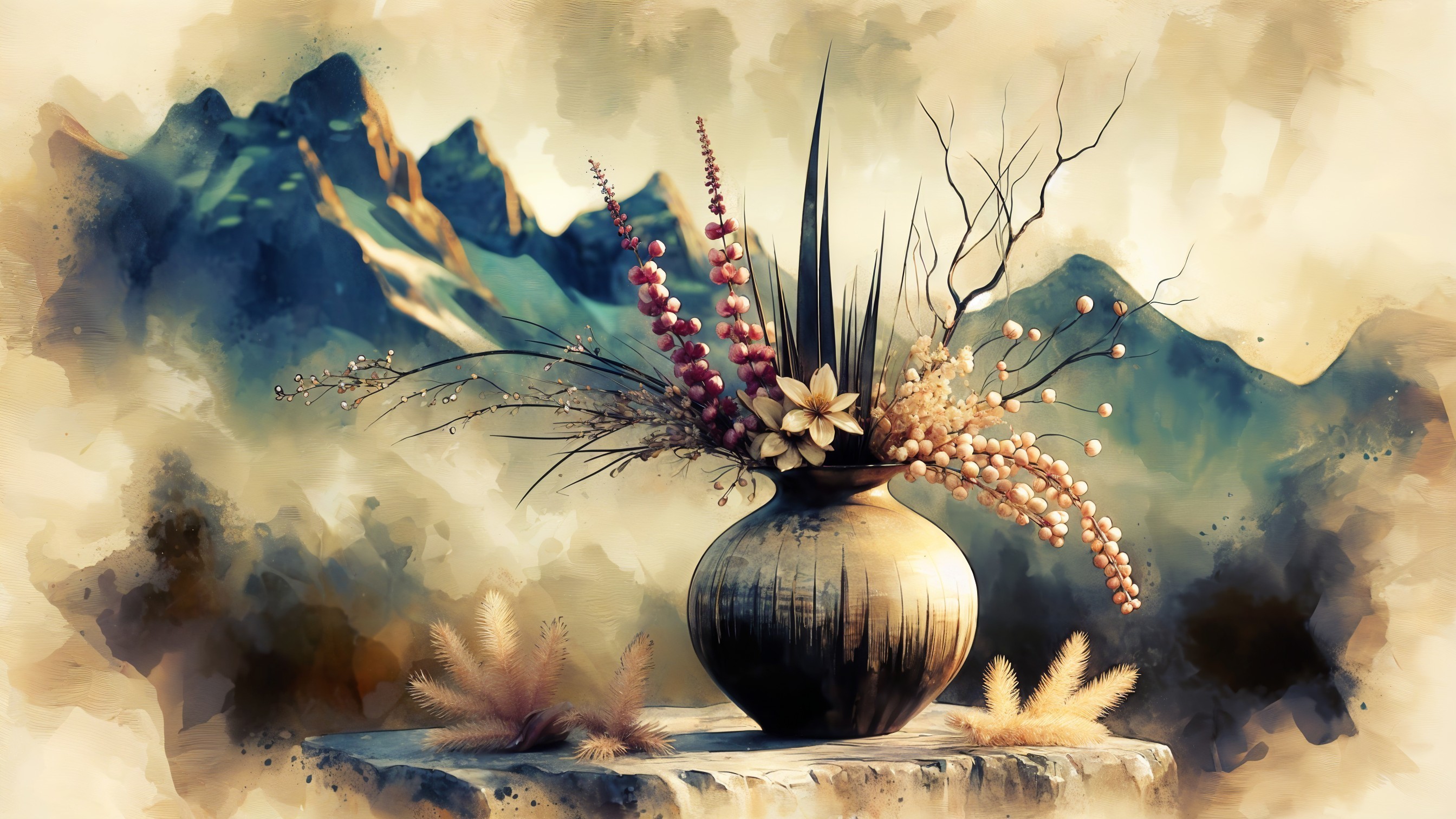 Ceramic Vase with Dried Flowers Against Mountain Scene