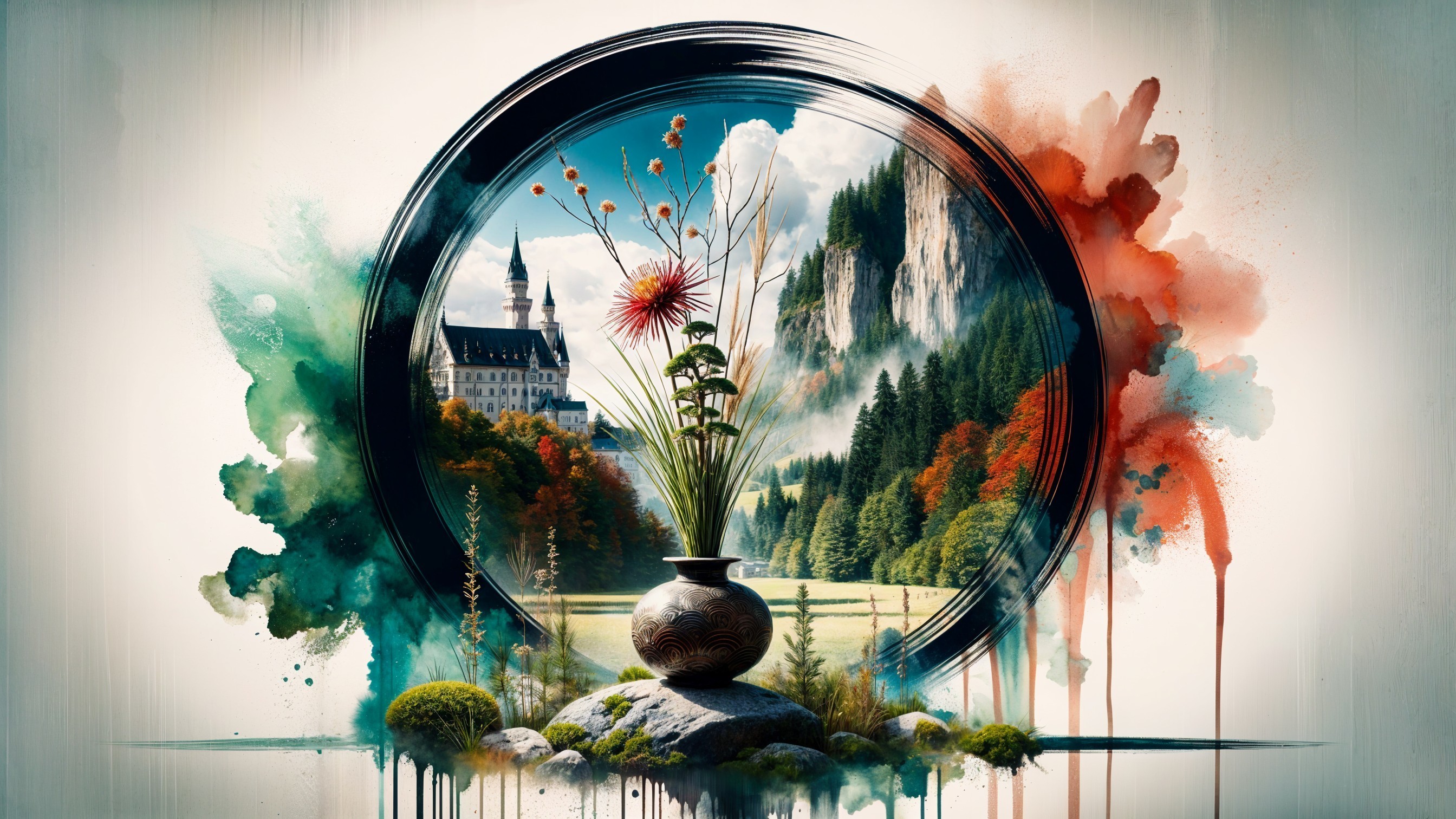 Serene landscape with castle, mountains, and flowers
