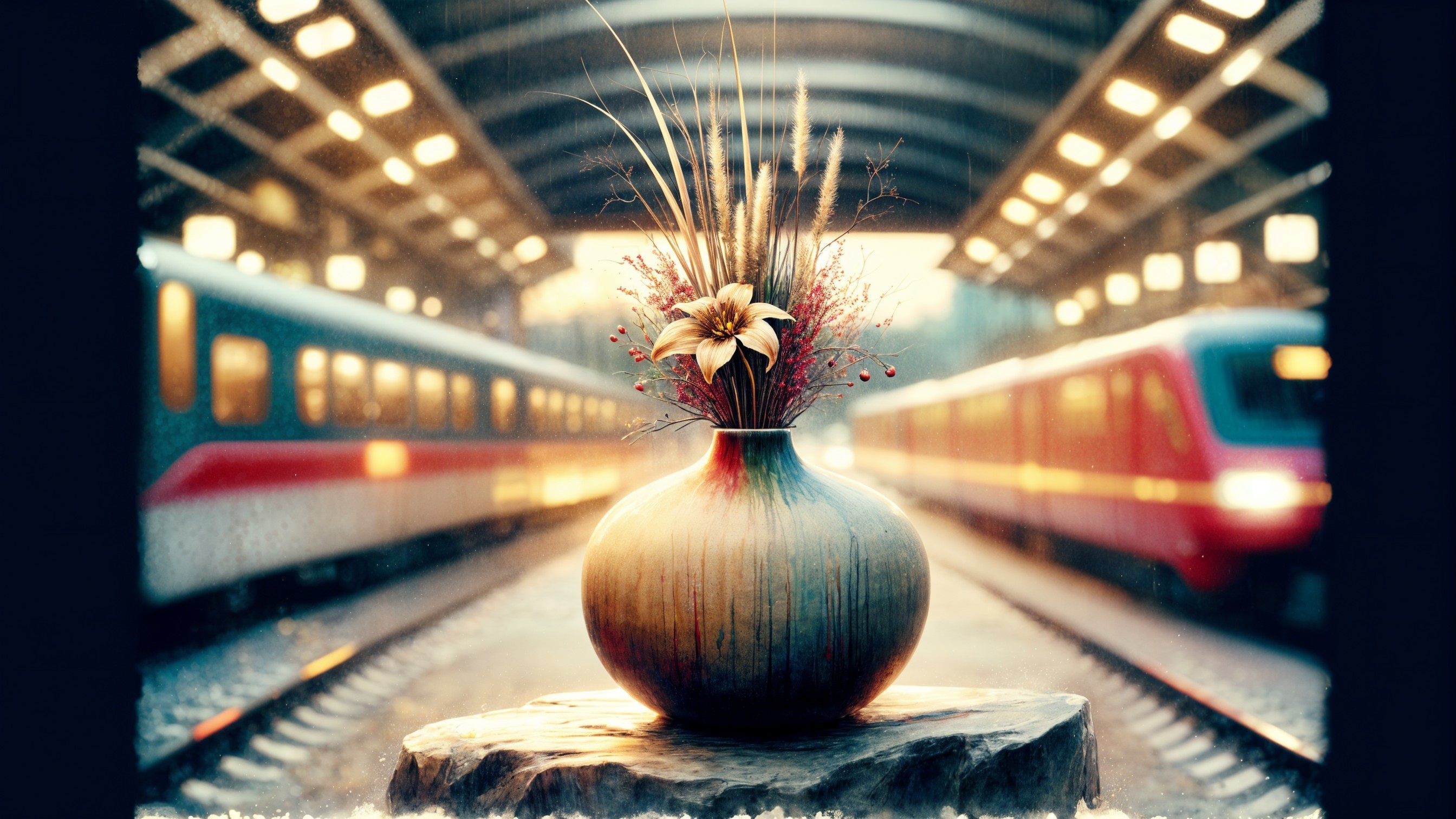 Vase with Dried Flowers on Stone Pedestal in Station