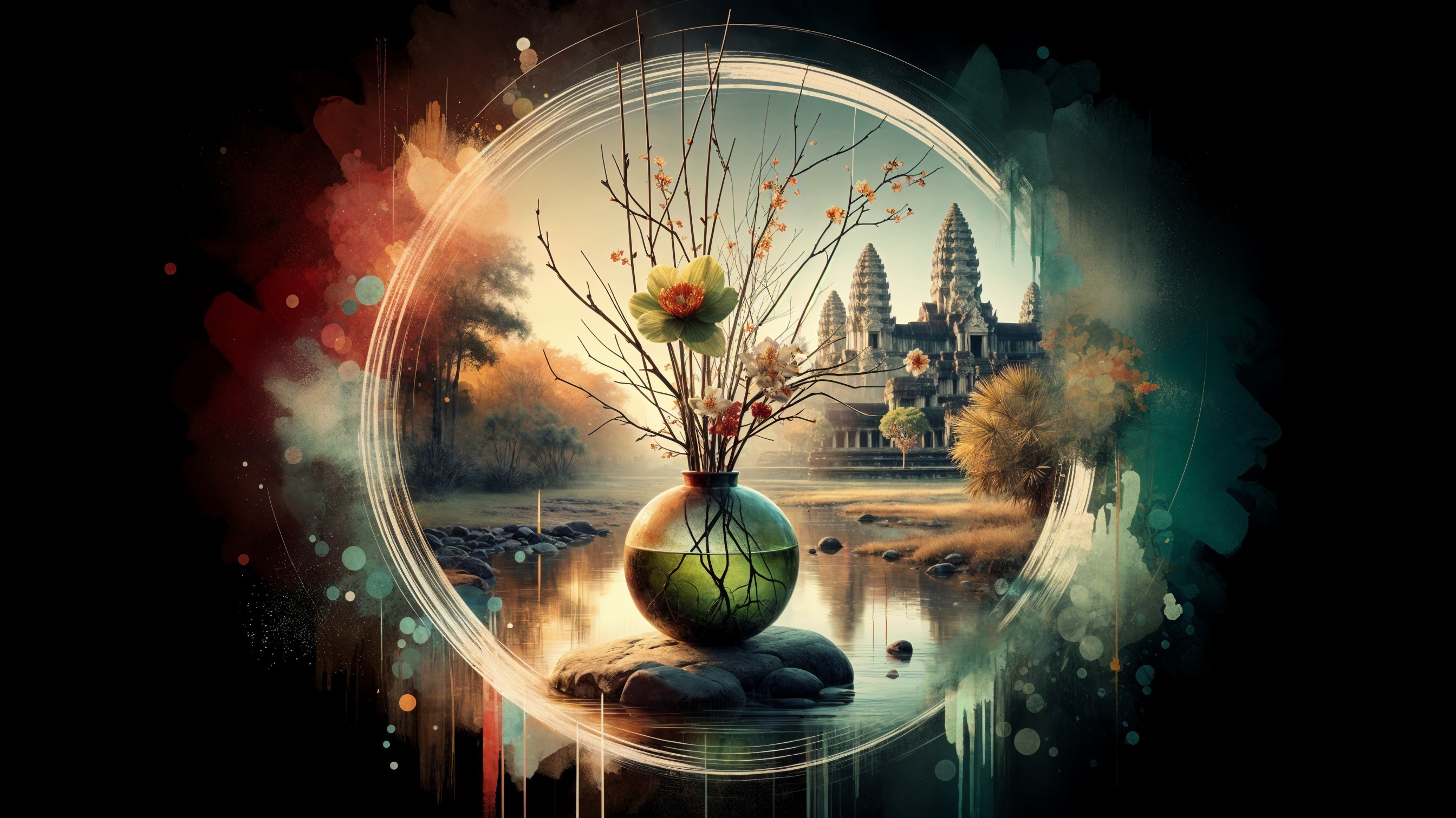 Tranquil Landscape with Water, Vase, and Ancient Temples