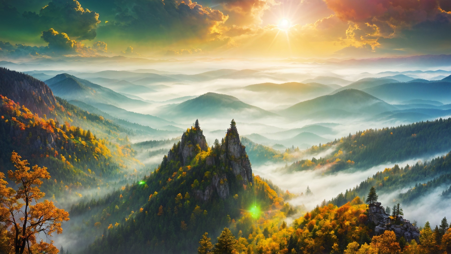 Mountainous Landscape at Sunrise with Autumn Foliage
