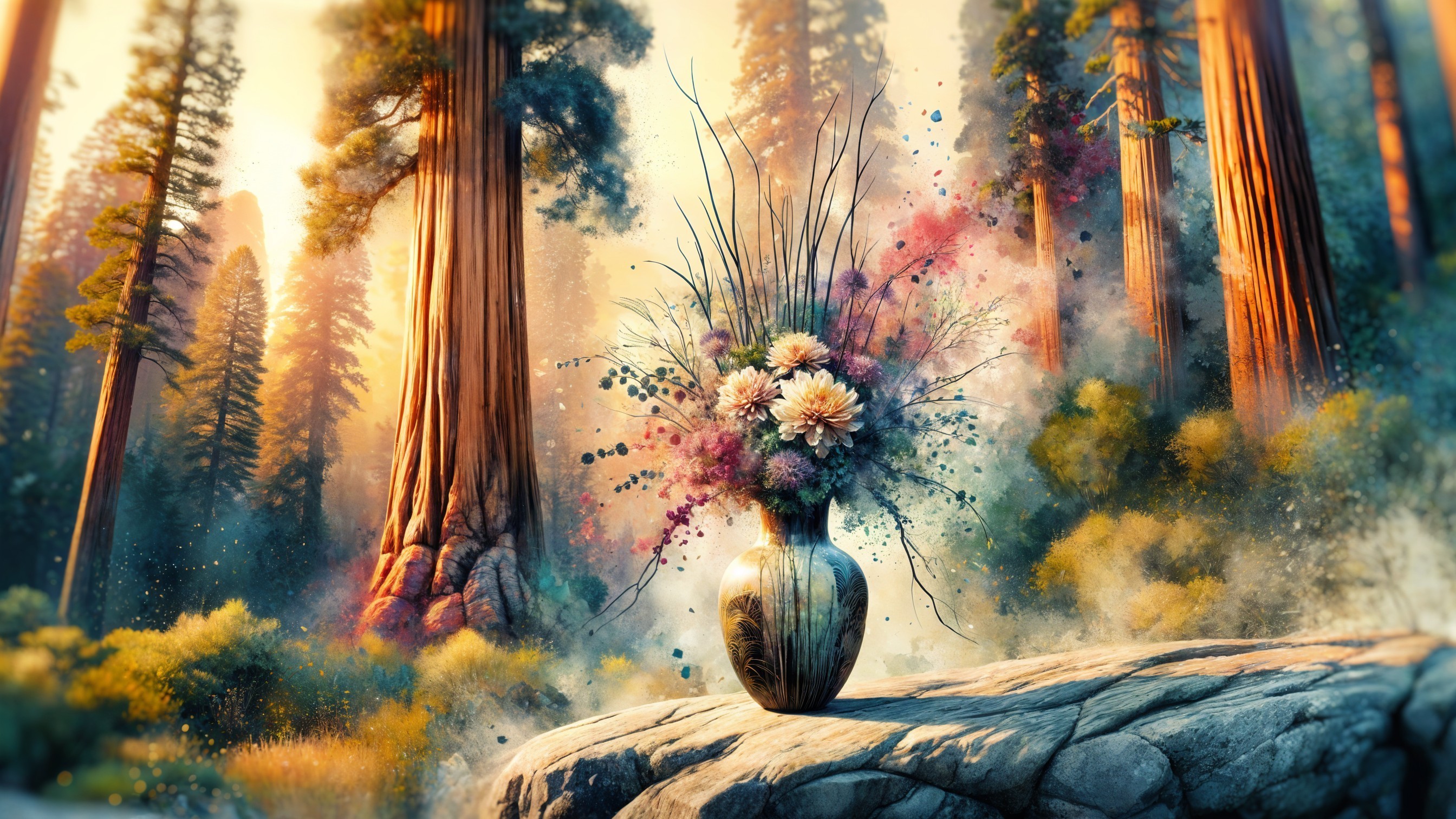 Floral Bouquet in Elegant Vase Among Redwood Trees