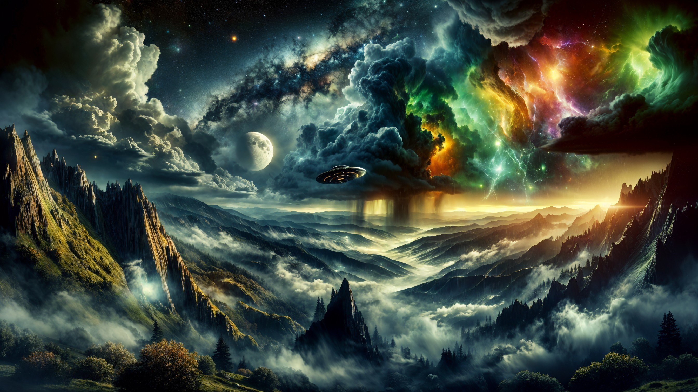 Alien Landscape Under Cosmic Sky with Mountains and UFO