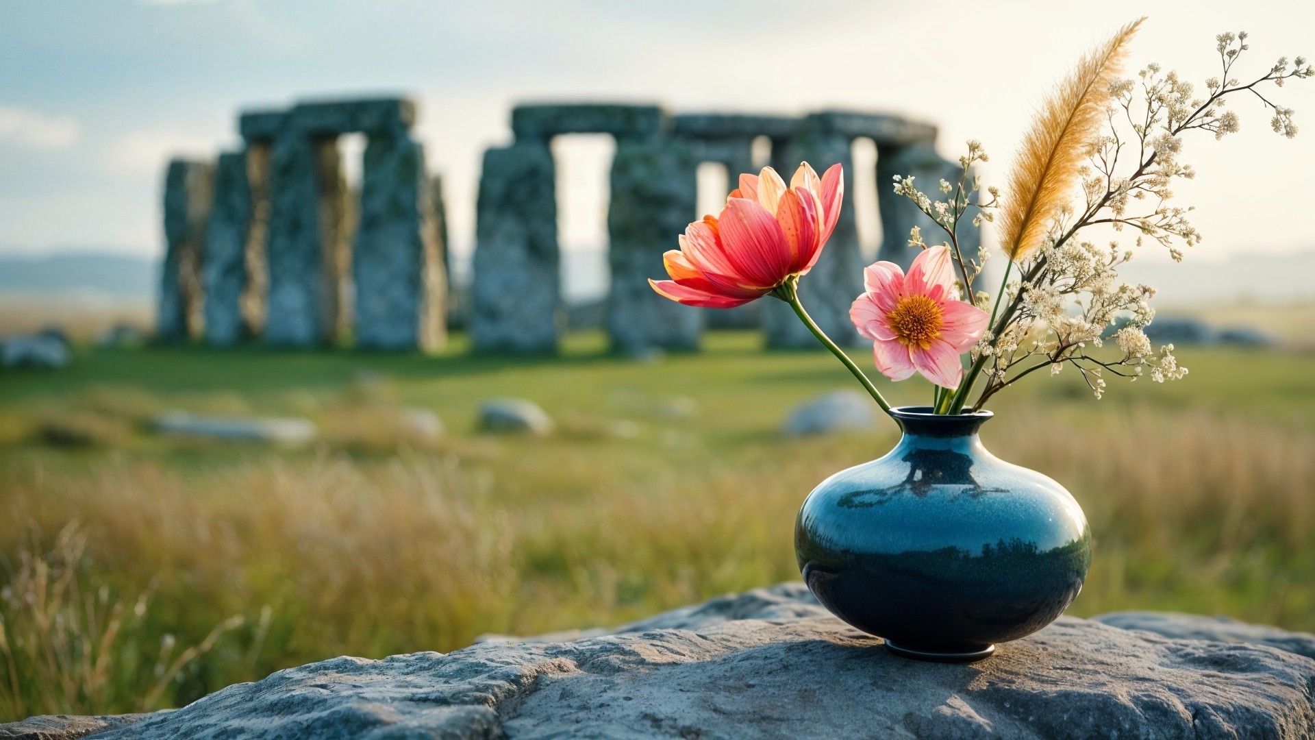Pink and orange flowers in a vase at Stonehenge