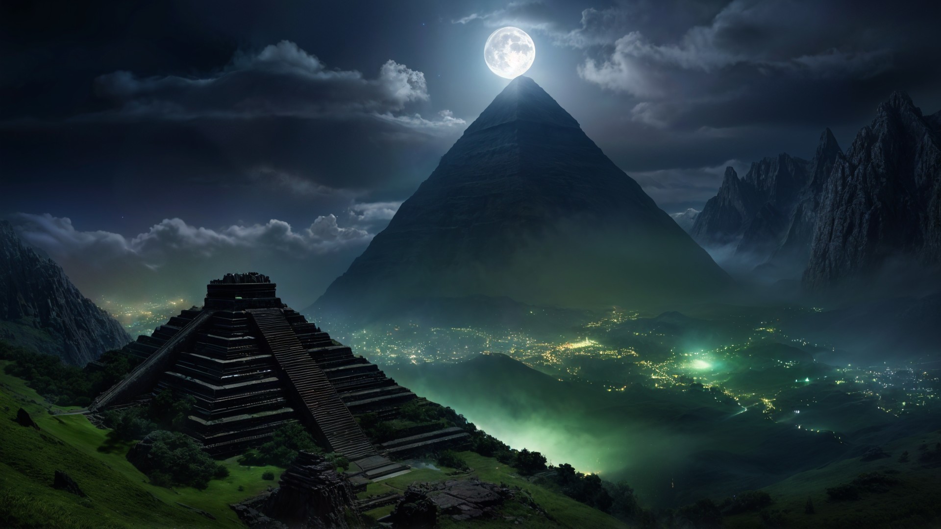 Mystical Landscape with Pyramid and Full Moon Glow
