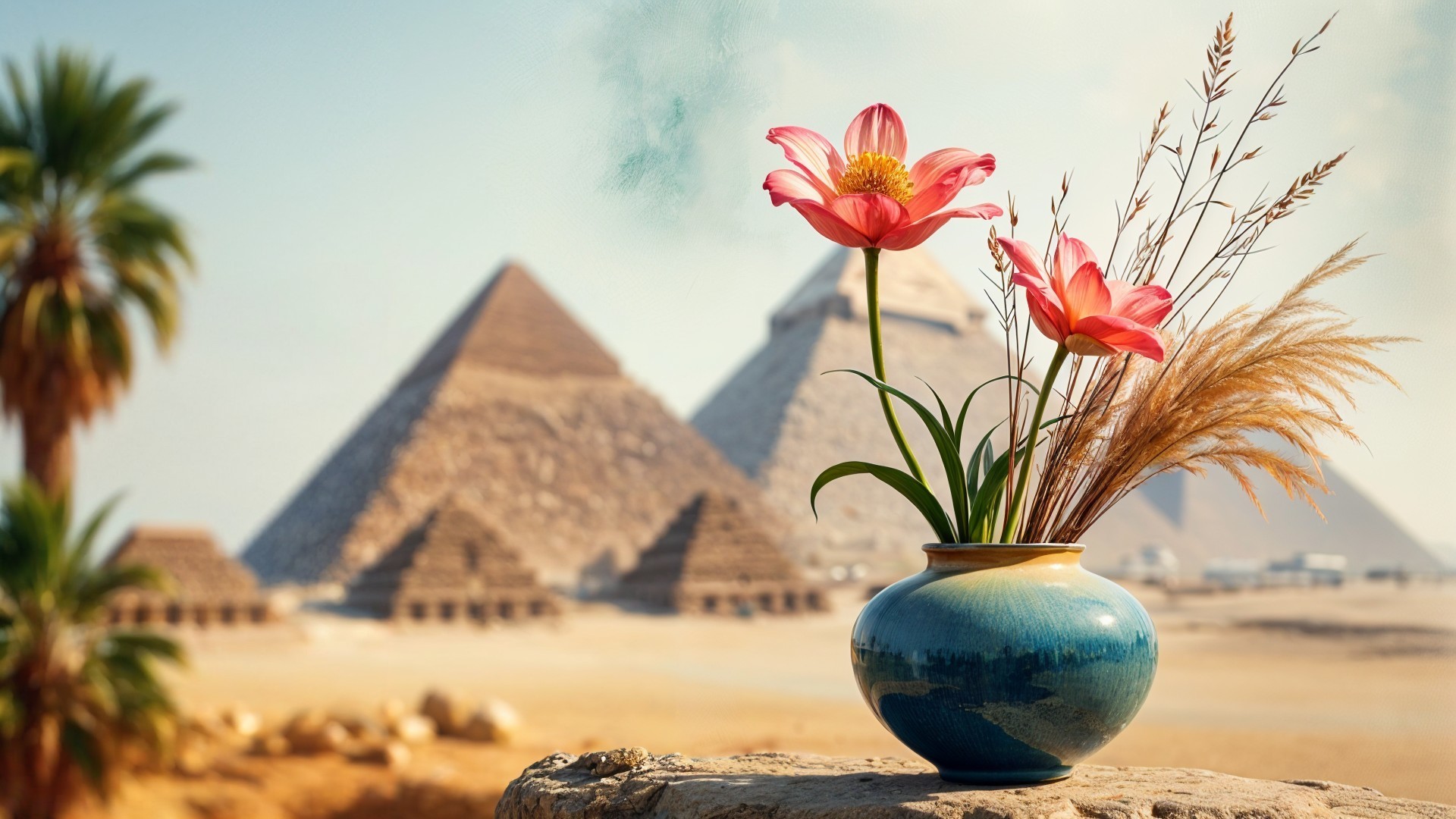 Vibrant Blue Vase with Pink Flowers and Pyramids
