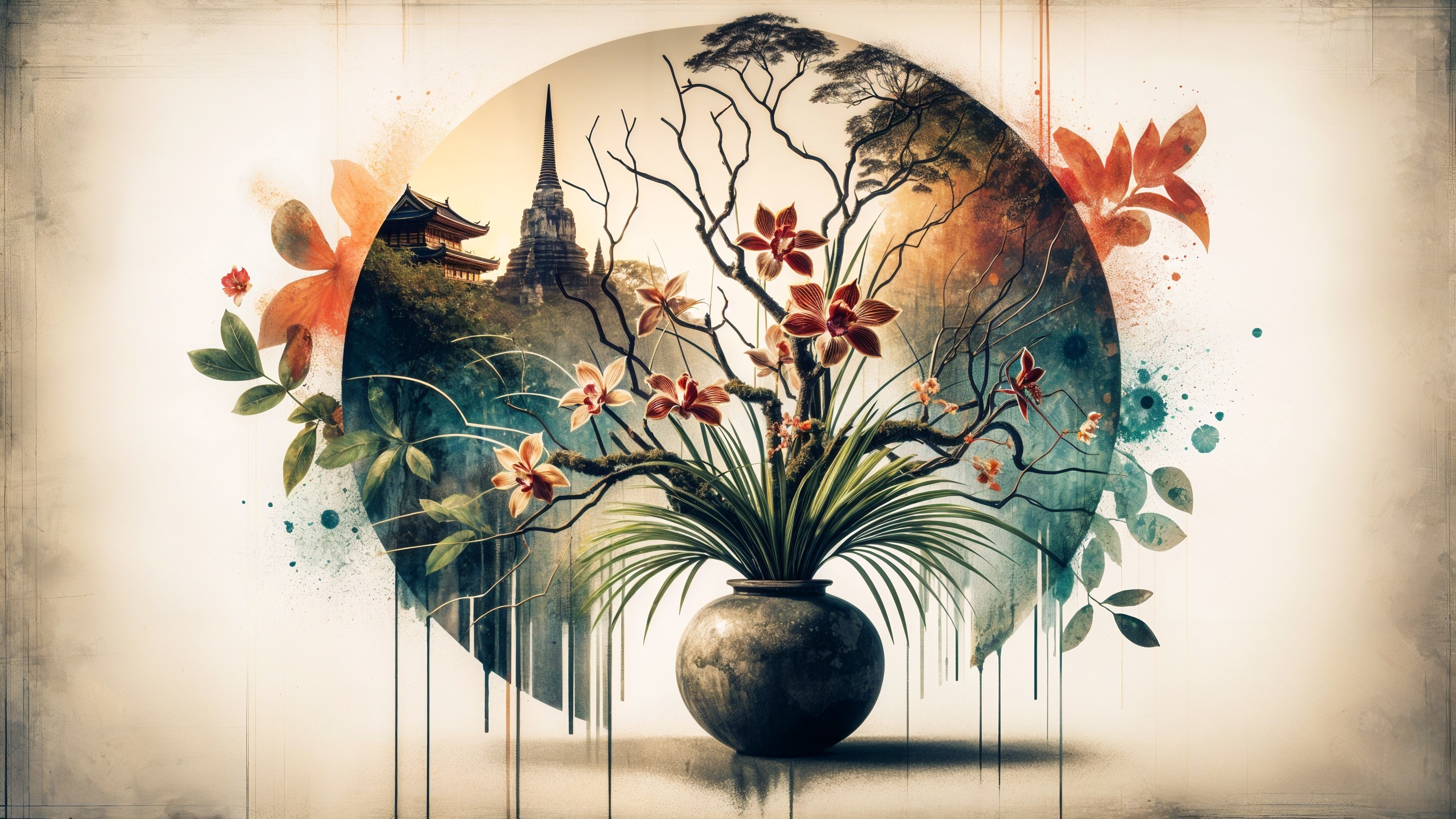 Artistic Vase with Orchids and Serene Landscape
