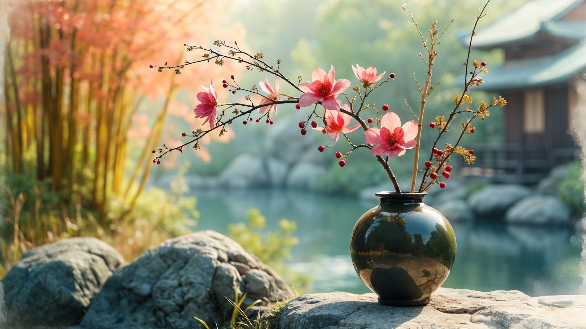 Dark Vase with Pink Blossoms by Calm Pond