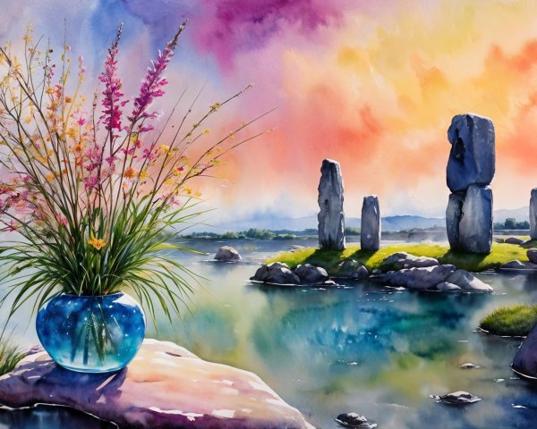 Watercolor Scene of Sunset Over Tranquil Water