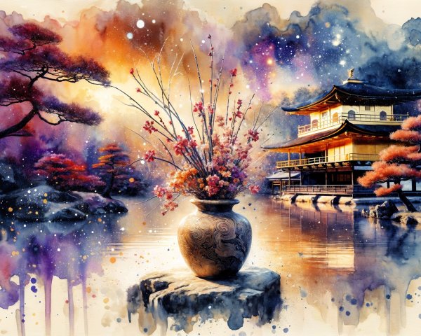 Serene Lake with Japanese Temple and Autumn Foliage