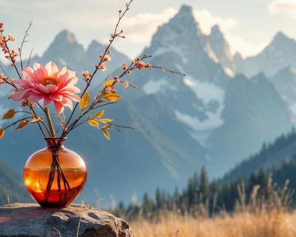Vibrant Orange Vase with Pink Flower and Mountains