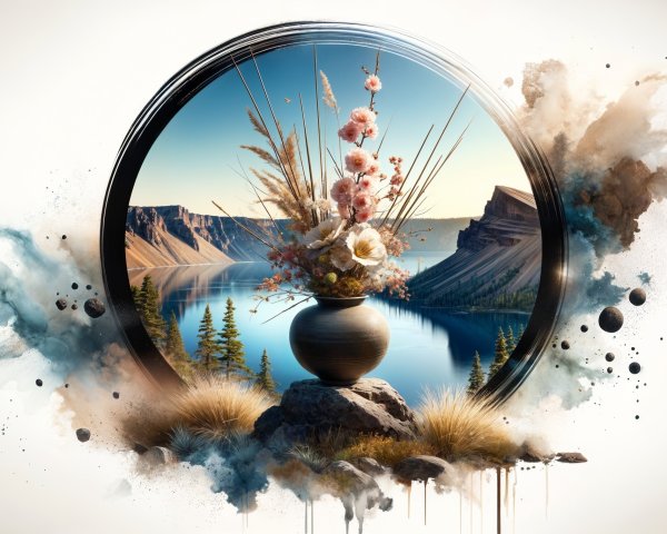 Tranquil Lake and Mountains with Floral Arrangement