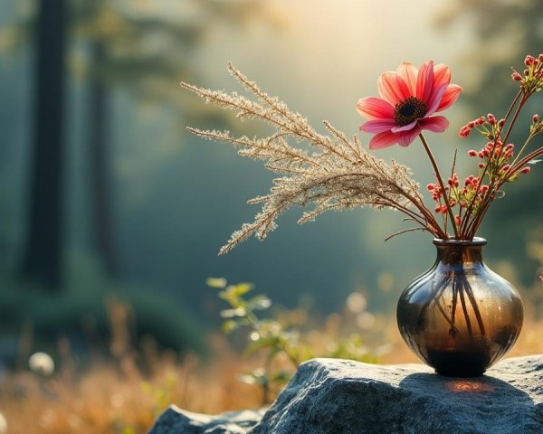 Delicate Vase with Pink Flower in Serene Forest Setting