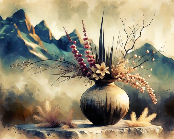 Ceramic Vase with Dried Flowers Against Mountain Scene
