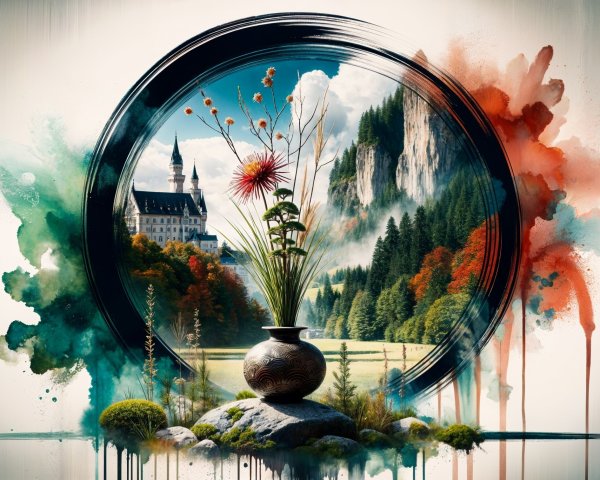 Serene landscape with castle, mountains, and flowers