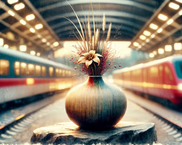 Vase with Dried Flowers on Stone Pedestal in Station