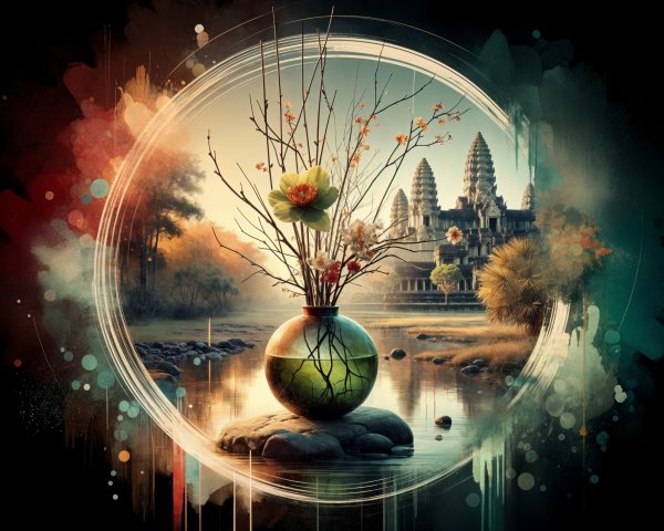Tranquil Landscape with Water, Vase, and Ancient Temples