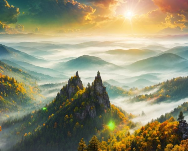 Mountainous Landscape at Sunrise with Autumn Foliage