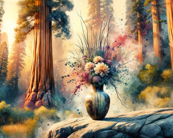Floral Bouquet in Elegant Vase Among Redwood Trees