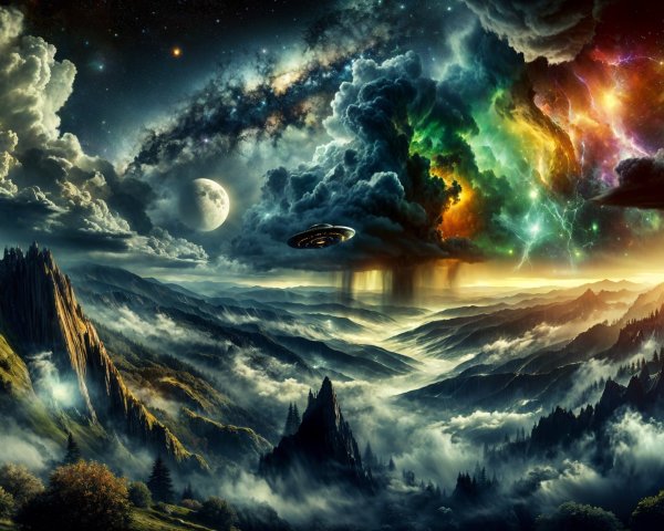 Alien Landscape Under Cosmic Sky with Mountains and UFO