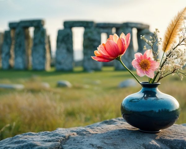 Pink and orange flowers in a vase at Stonehenge