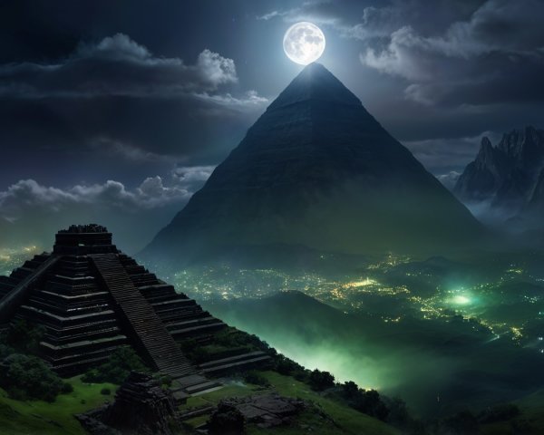 Mystical Landscape with Pyramid and Full Moon Glow