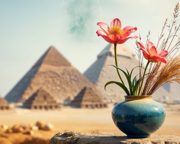 Vibrant Blue Vase with Pink Flowers and Pyramids
