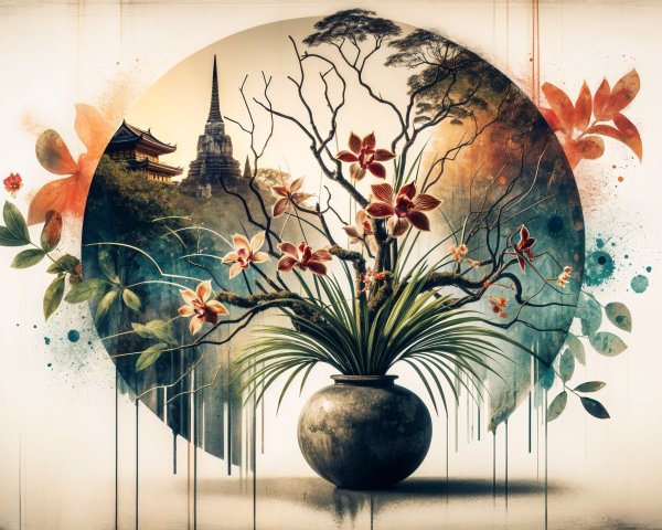 Artistic Vase with Orchids and Serene Landscape