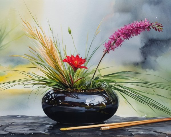 Still Life with Black Vase and Vibrant Flowers