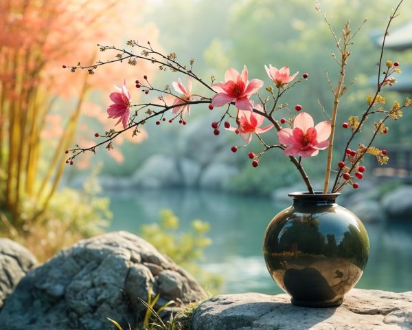 Dark Vase with Pink Blossoms by Calm Pond