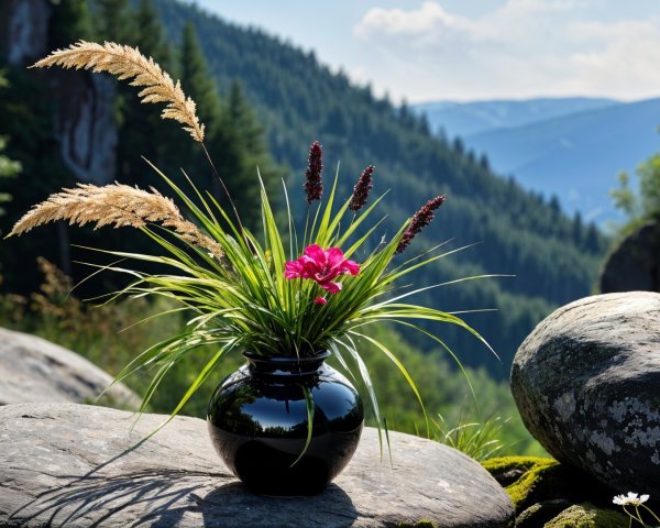 Floral Arrangement in Black Vase Against Scenic Landscape