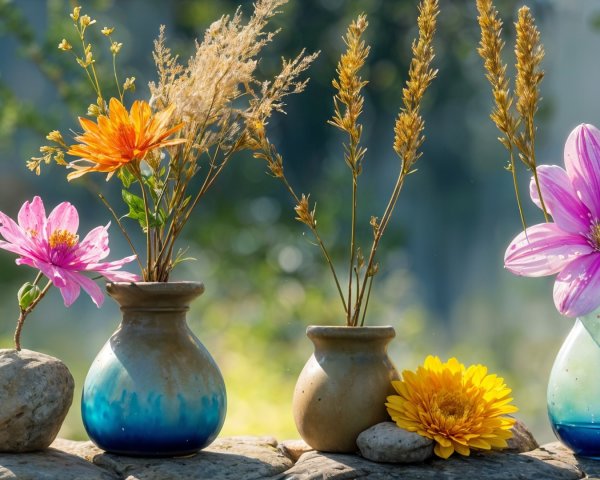 Colorful Flower Arrangement in Vases on Stones