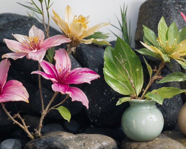 Vibrant Artificial Flowers in Serene Vase Arrangement
