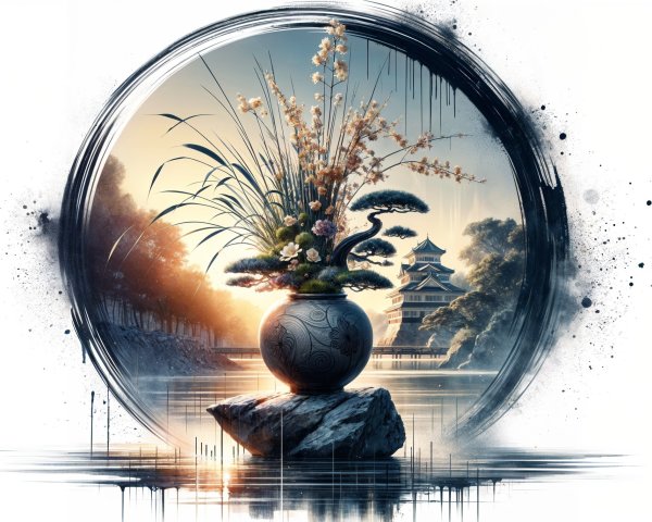 Serene Landscape with Floral Arrangement and Water