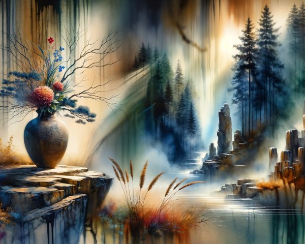 Serene Landscape with Wildflowers and Misty Mountains