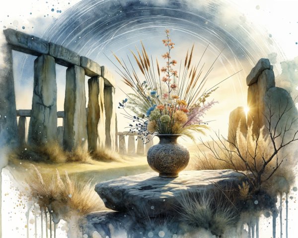 Serene Landscape with Ancient Stone Circle and Wildflowers