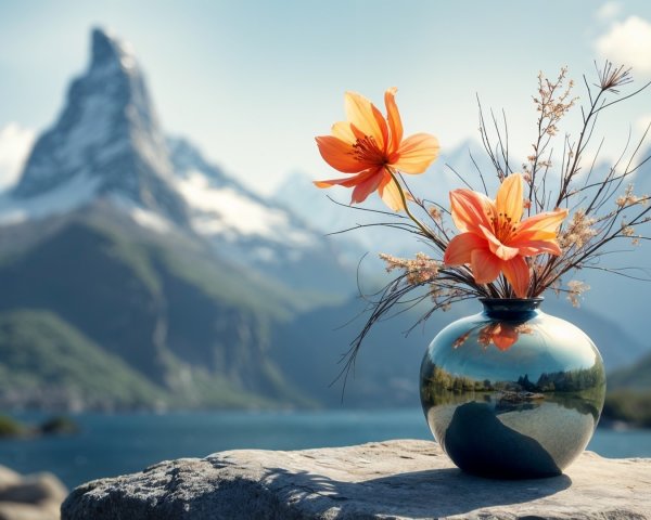 Serene Lake and Mountains with Decorative Vase and Flowers
