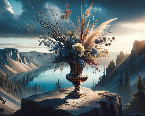 Floral Arrangement in Landscape with Mountains and Lake