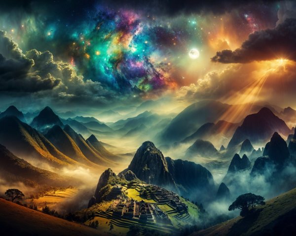 Majestic Mountains and Ancient Ruins in Vibrant Landscape
