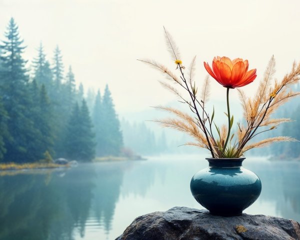 Vibrant Orange Flower in Dark Vase by Calm Waters