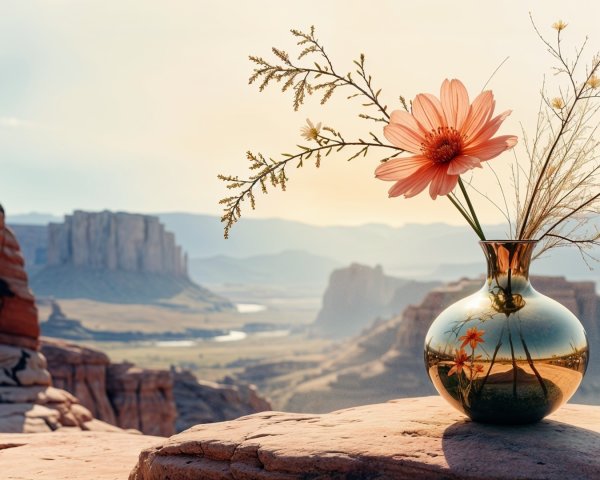 Desert Scene with Vase, Flower, and Rock Formations