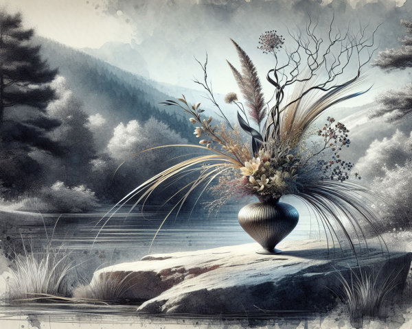 Serene Landscape with Decorative Vase and Tranquil Waters