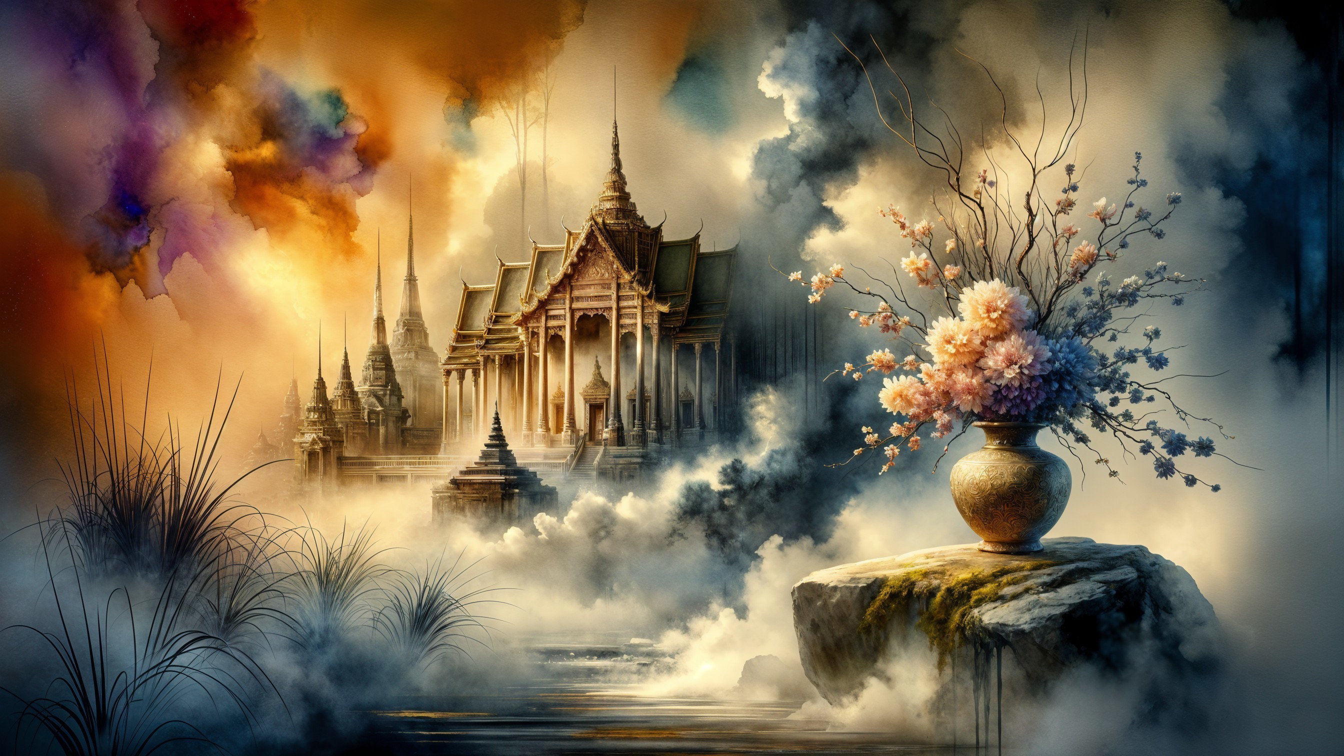 Ornate temple in serene landscape with flowers and clouds