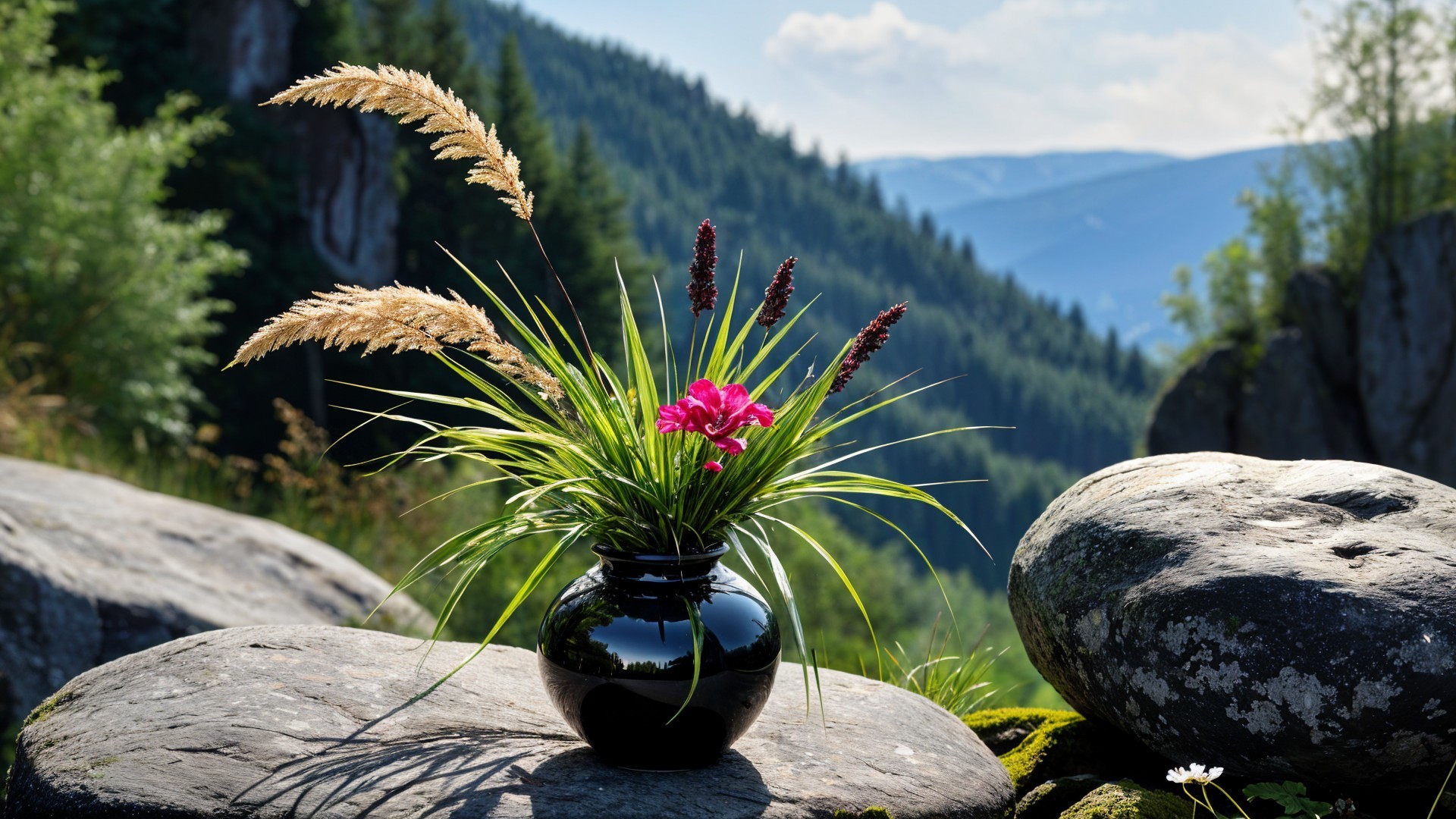 Floral Arrangement in Black Vase Against Scenic Landscape