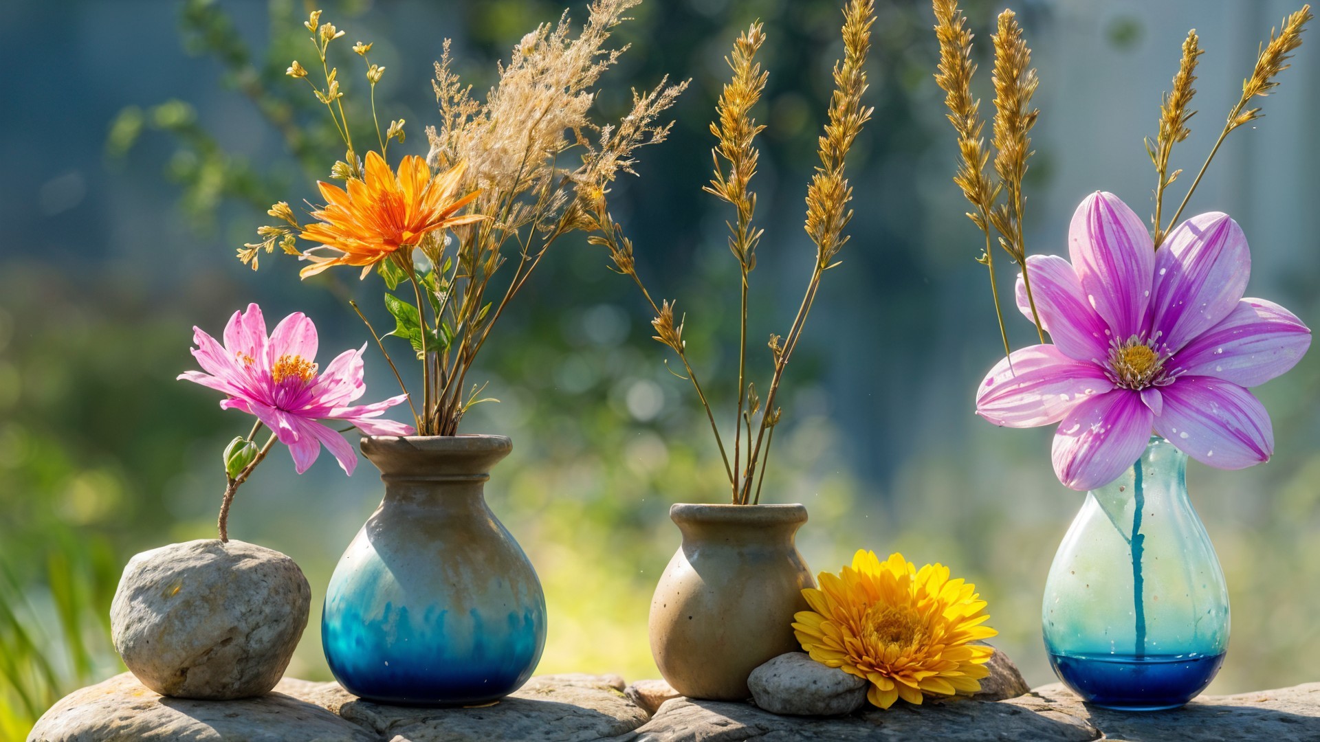 Colorful Flower Arrangement in Vases on Stones